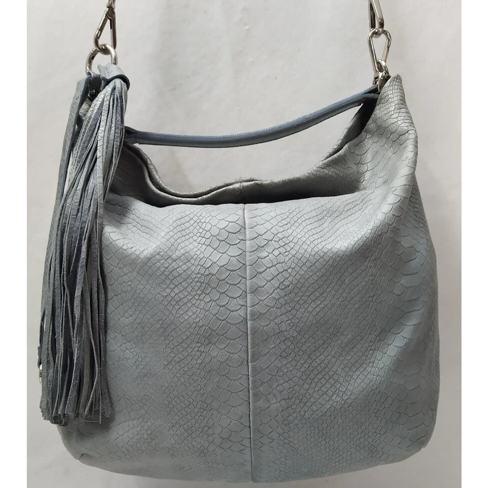 Gianni Chiarini Light Blue Leather Snakeskin Embossed Tassel Hobo Shoulder Bag